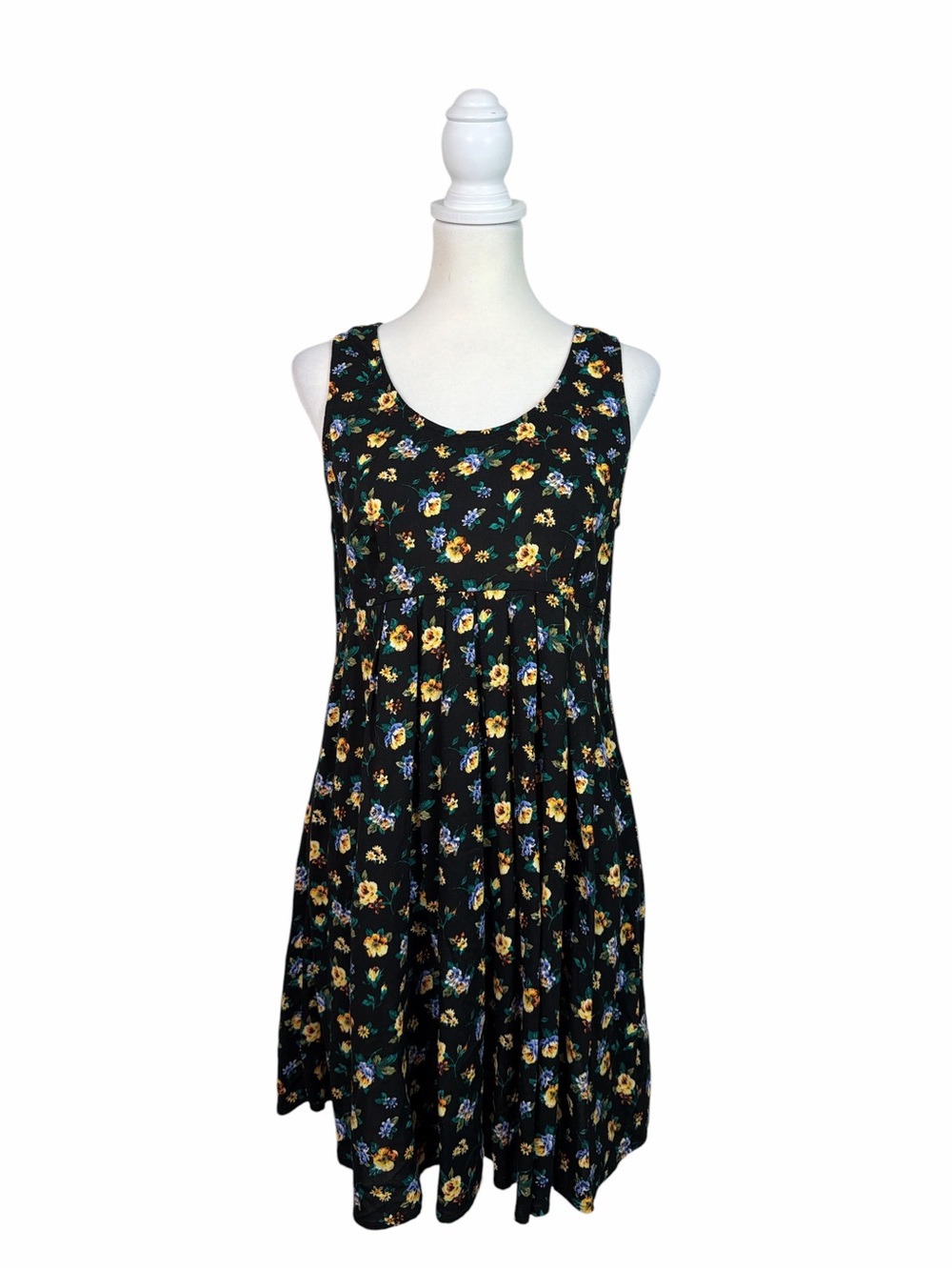 Vintage All That Jazz Floral Midi Dress Size 13/14 Black Cottagecore 90s